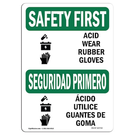 Signmission OSHA Sign, Acid Wear Rubber Gloves Bilingual, 10in X 7in Aluminum, 10" W, 7" H, Landscape OS-SF-A-710-L-10732
